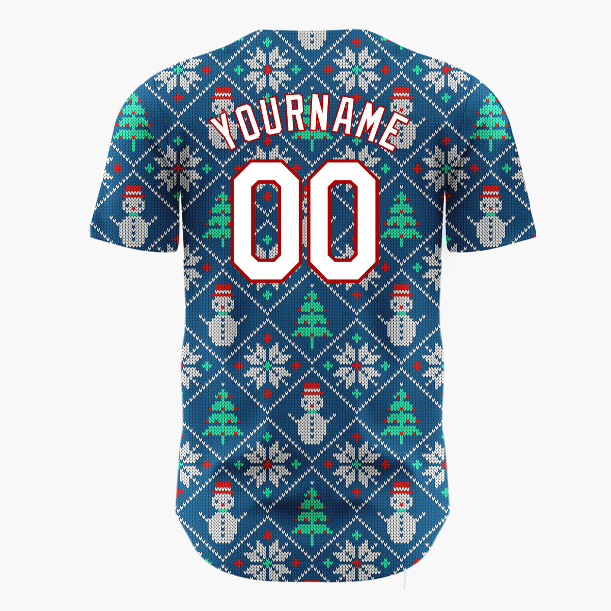 Custom Navy Green Snowmen Trees And Snowflakes Cozy Knitted Pattern Christmas Baseball Jersey