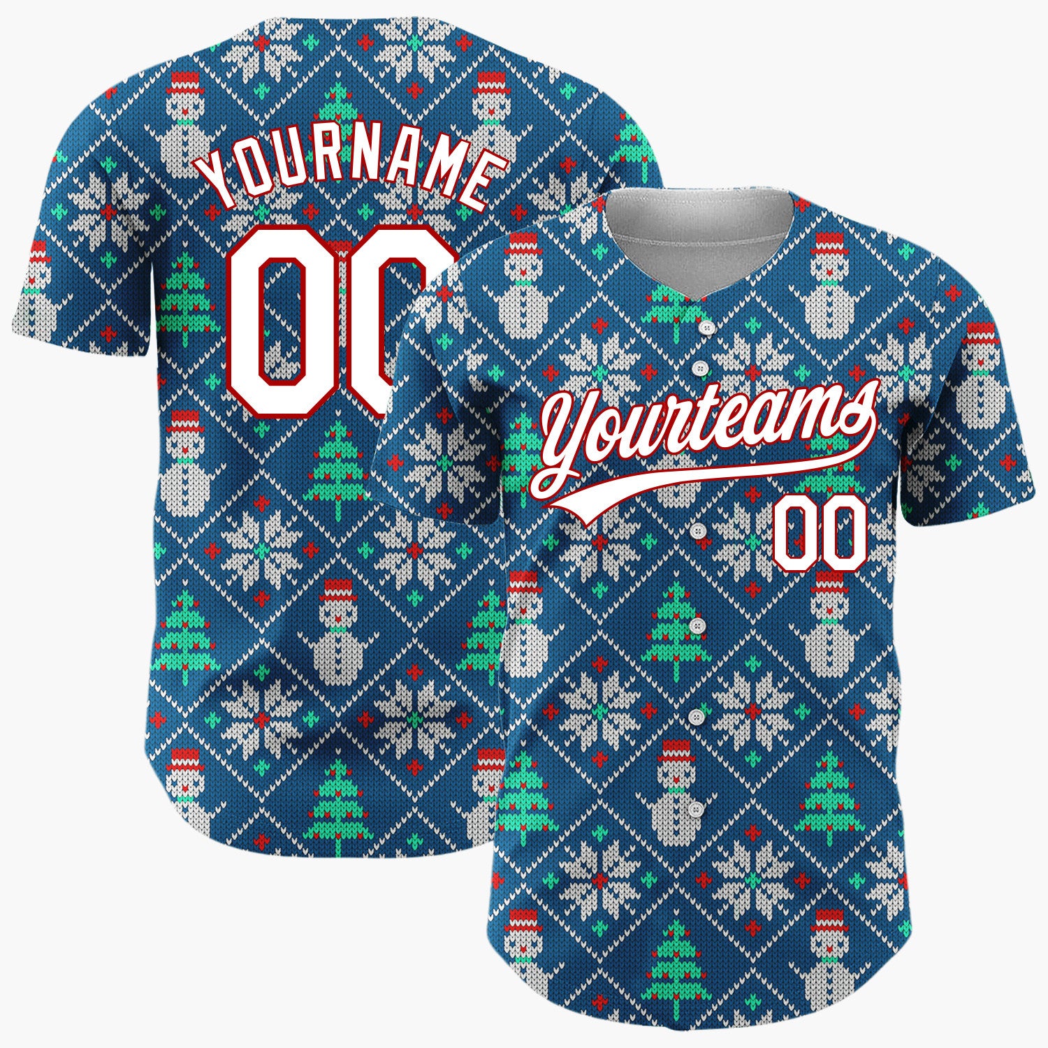 Custom Navy Green Snowmen Trees And Snowflakes Cozy Knitted Pattern Christmas Baseball Jersey