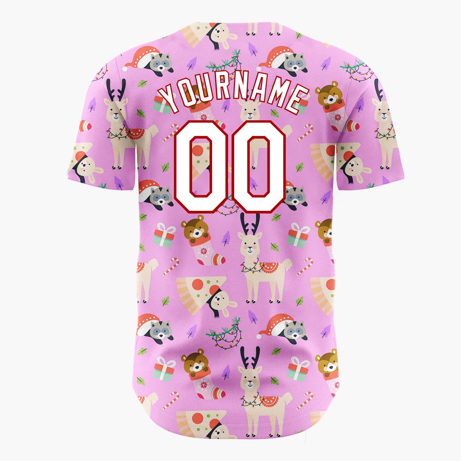 Custom Pink Multicolor Llama Raccoon Pizza Christmas Baseball Jersey