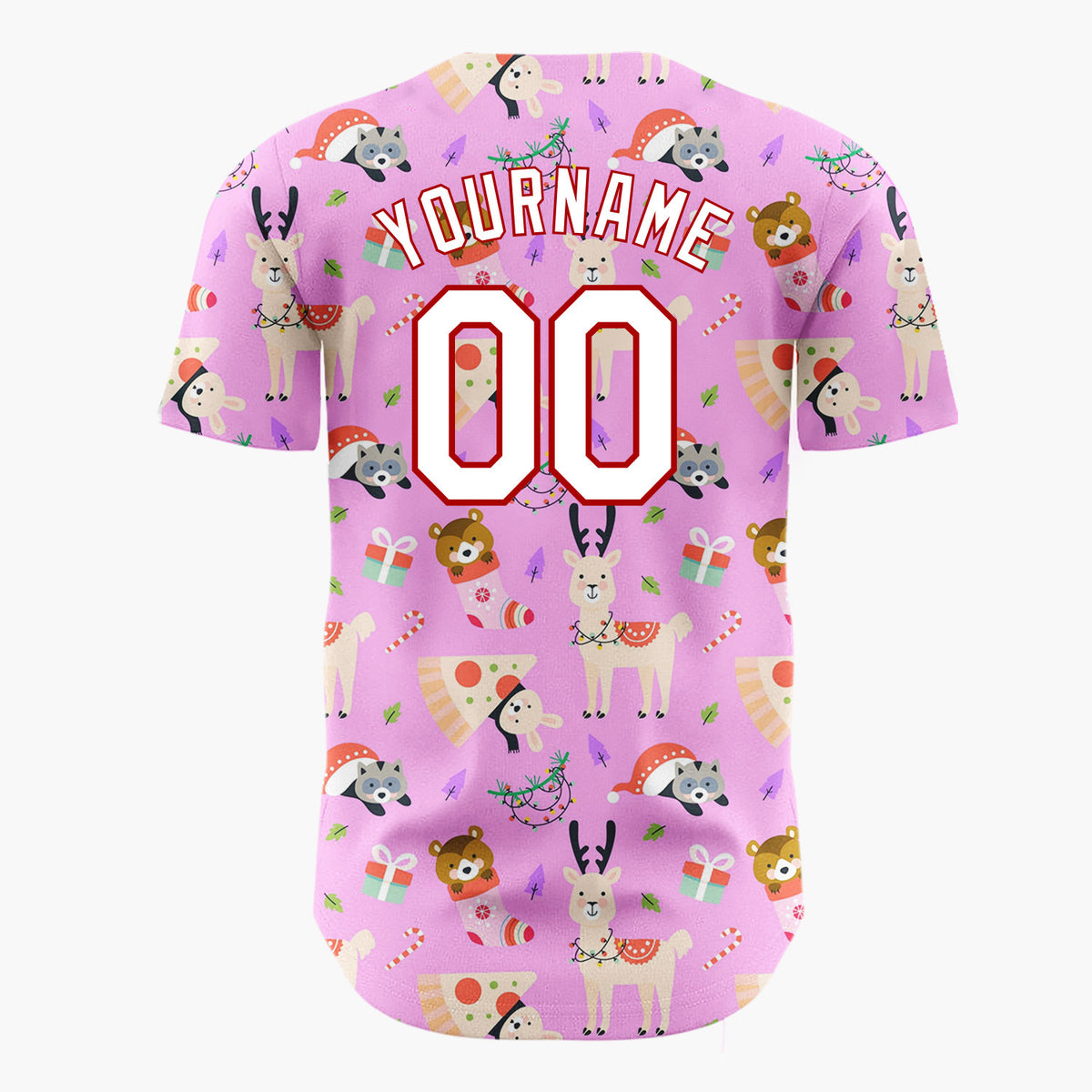 Custom Pink Multicolor Llama Raccoon Pizza Christmas Baseball Jersey