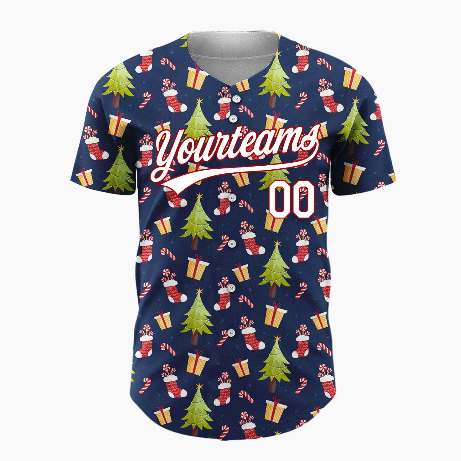 Custom Navy Green Red Christmas Trees Gifts And Stockings Holiday Pattern Christmas Baseball Jersey