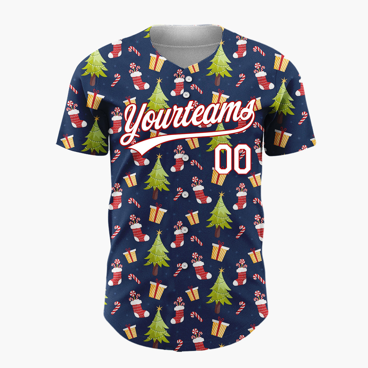 Custom Navy Green Red Christmas Trees Gifts And Stockings Holiday Pattern Christmas Baseball Jersey