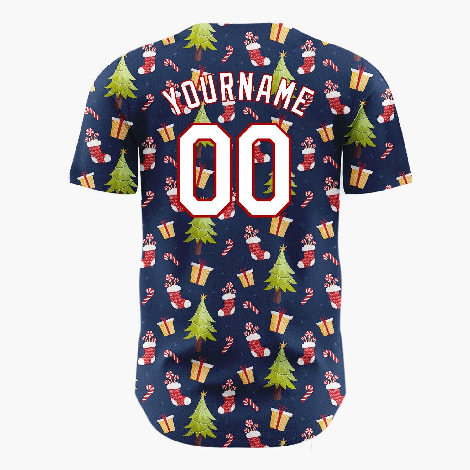 Custom Navy Green Red Christmas Trees Gifts And Stockings Holiday Pattern Christmas Baseball Jersey
