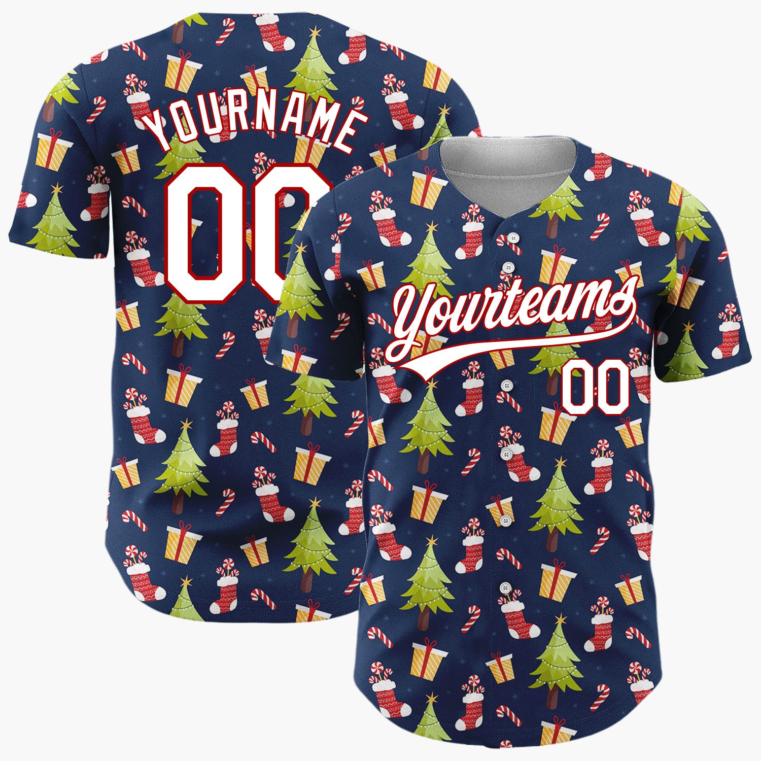 Custom Navy Green Red Christmas Trees Gifts And Stockings Holiday Pattern Christmas Baseball Jersey