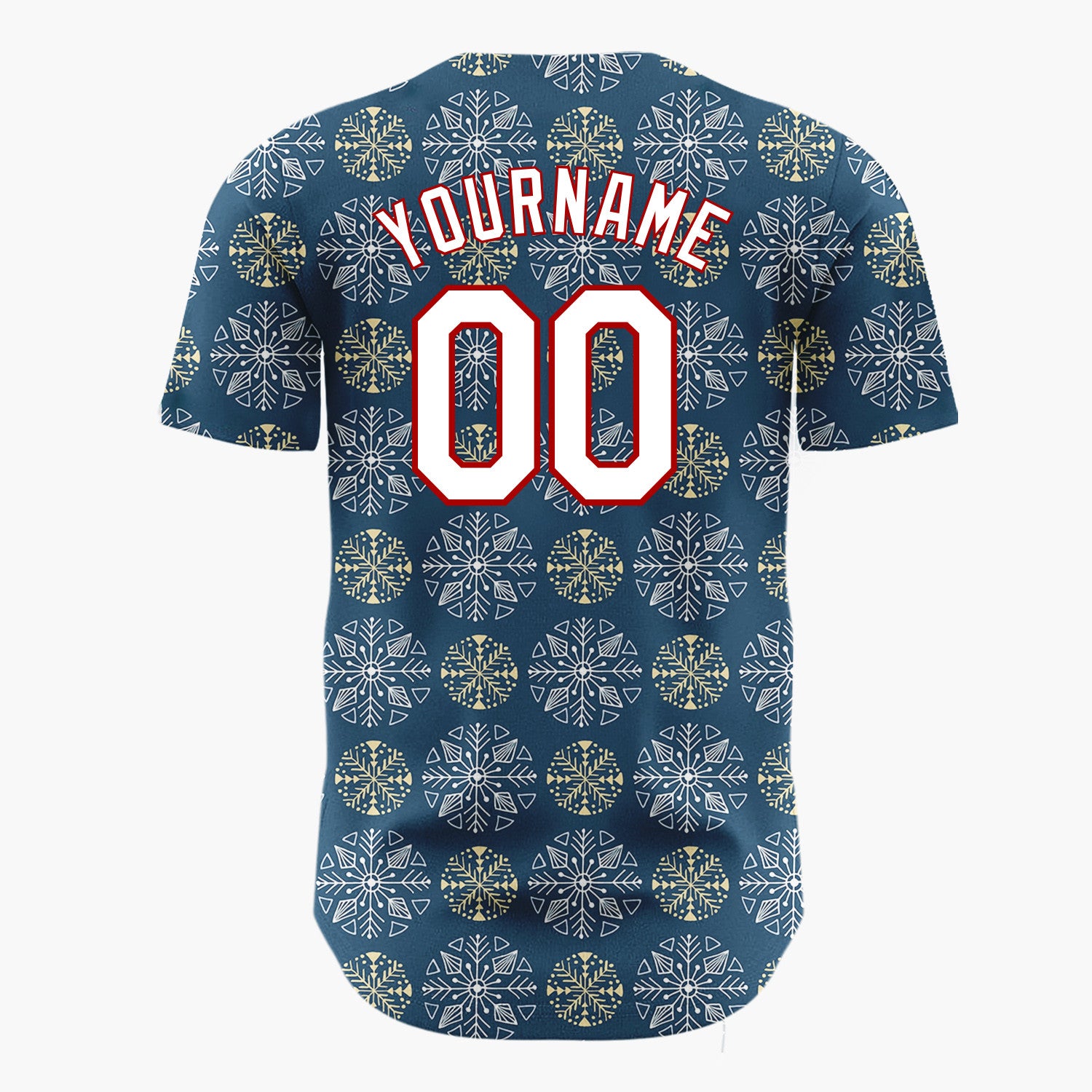 Custom Navy White And Gold Snowflake Geometric Pattern Christmas Baseball Jersey
