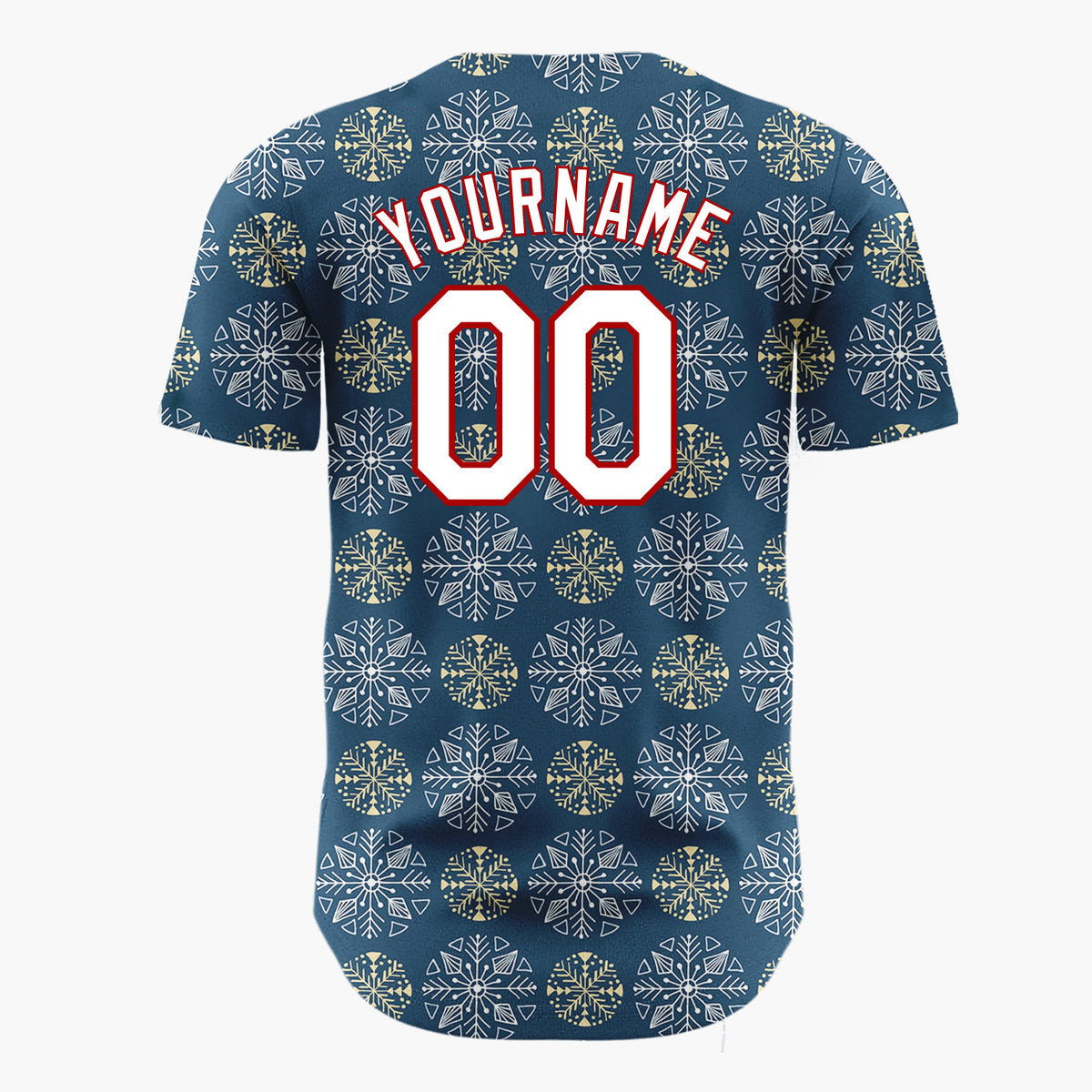 Custom Navy White And Gold Snowflake Geometric Pattern Christmas Baseball Jersey