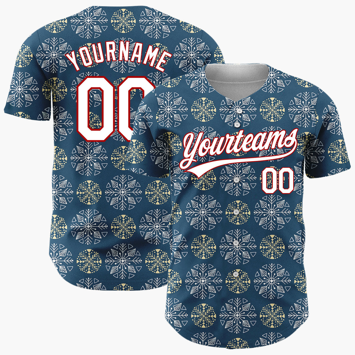 Custom Navy White And Gold Snowflake Geometric Pattern Christmas Baseball Jersey