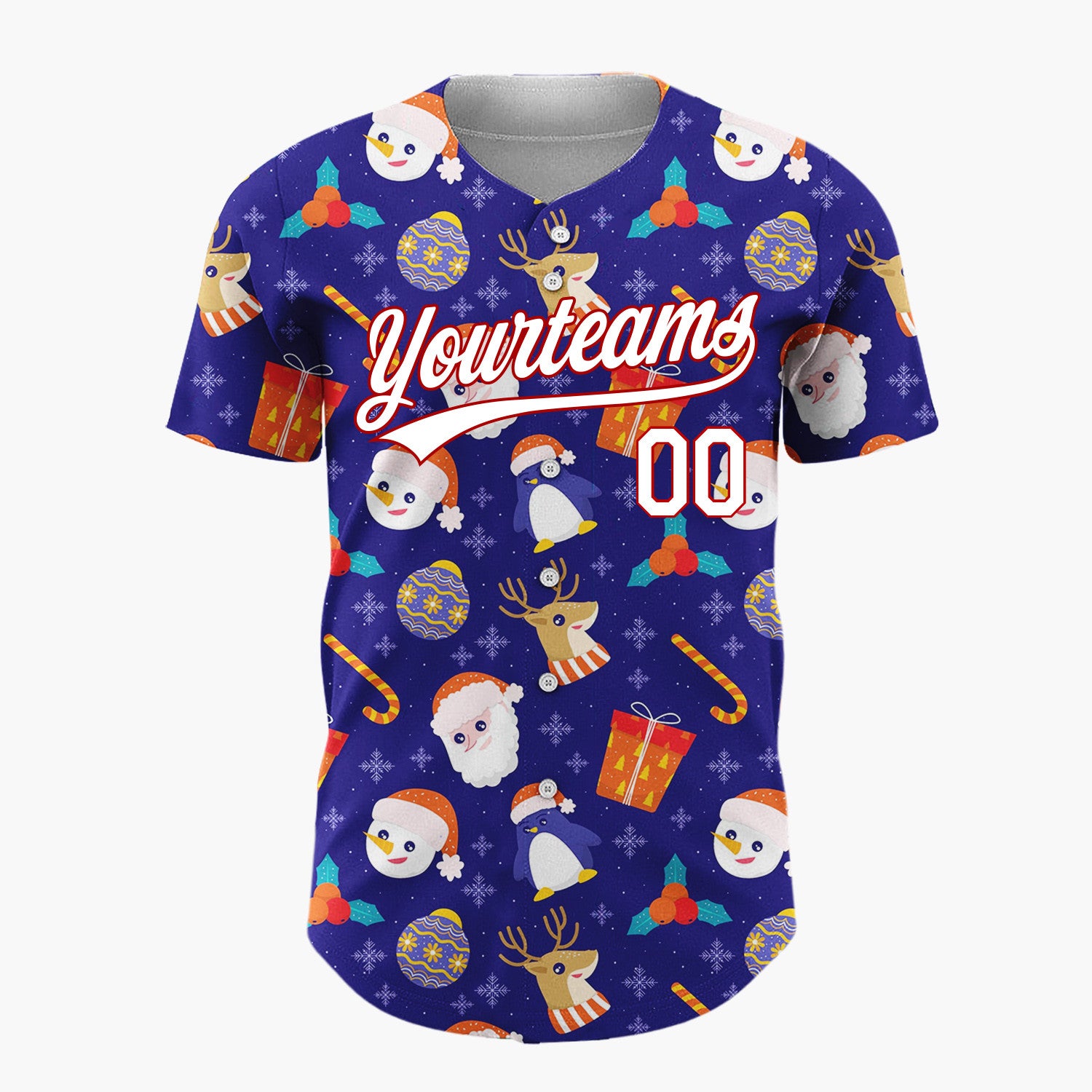 Custom Navy Red Penguins Santas And Reindeers Cute Winter Holiday Pattern Christmas Baseball Jersey