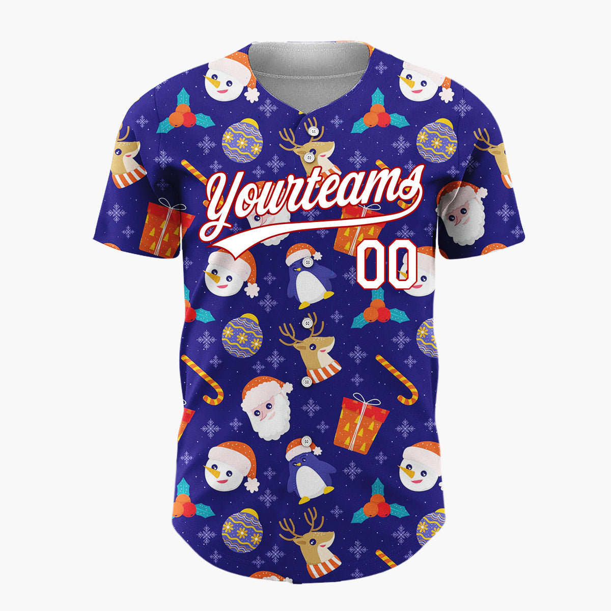 Custom Navy Red Penguins Santas And Reindeers Cute Winter Holiday Pattern Christmas Baseball Jersey