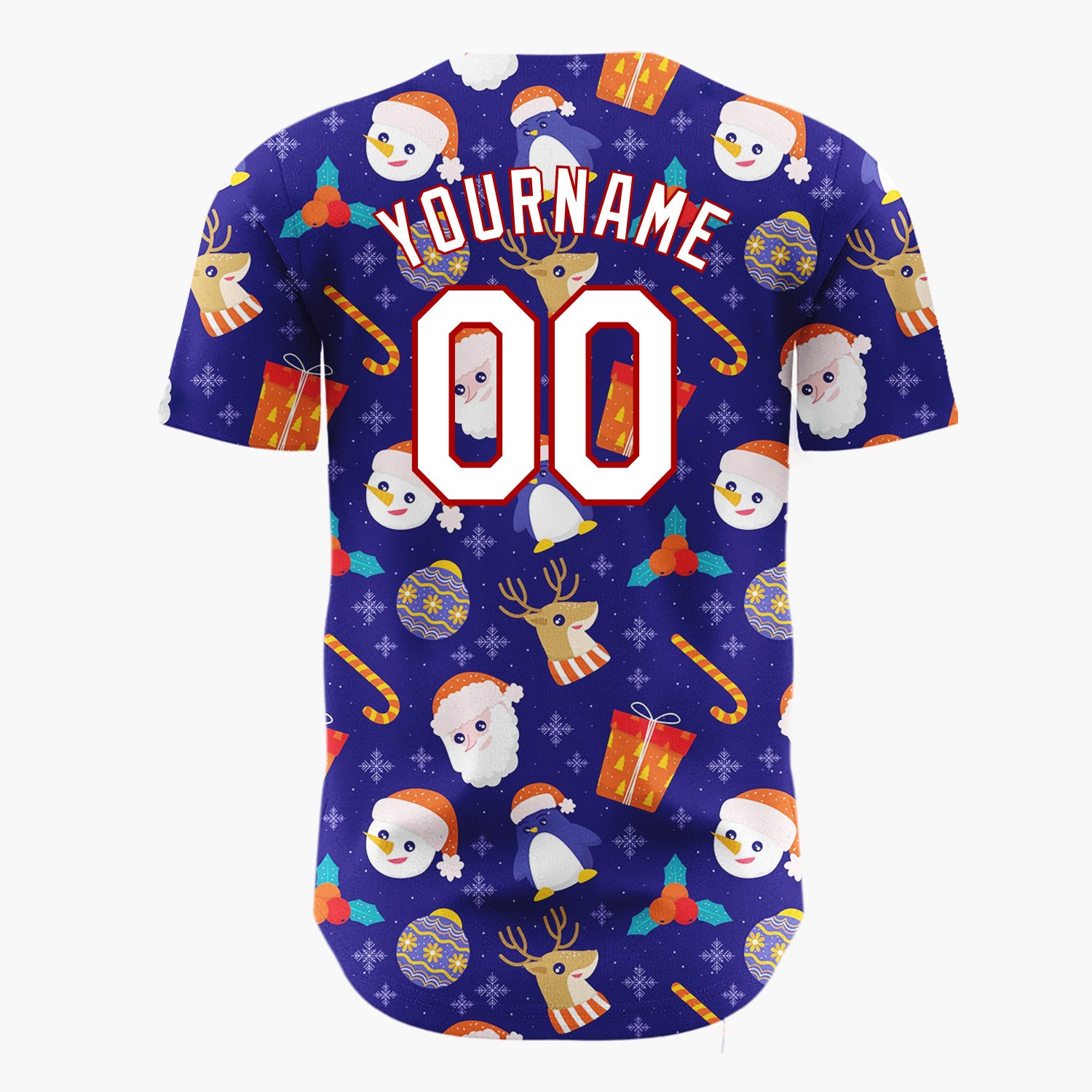 Custom Navy Red Penguins Santas And Reindeers Cute Winter Holiday Pattern Christmas Baseball Jersey