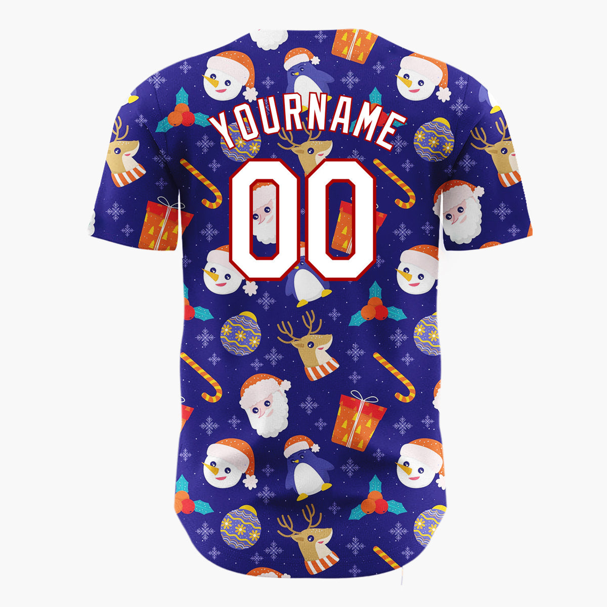 Custom Navy Red Penguins Santas And Reindeers Cute Winter Holiday Pattern Christmas Baseball Jersey