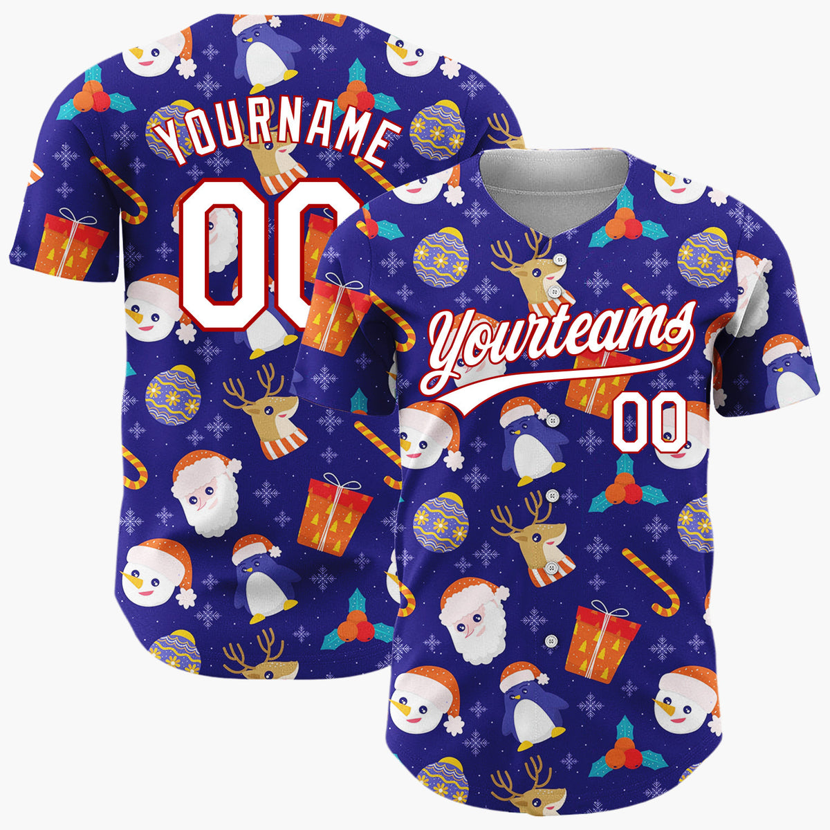 Custom Navy Red Penguins Santas And Reindeers Cute Winter Holiday Pattern Christmas Baseball Jersey