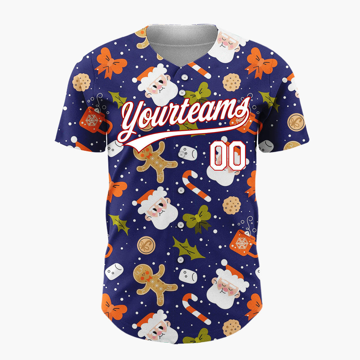 Custom Navy Red Brown Santa Gingerbread And Candy Canes Cute Christmas Baseball Jersey