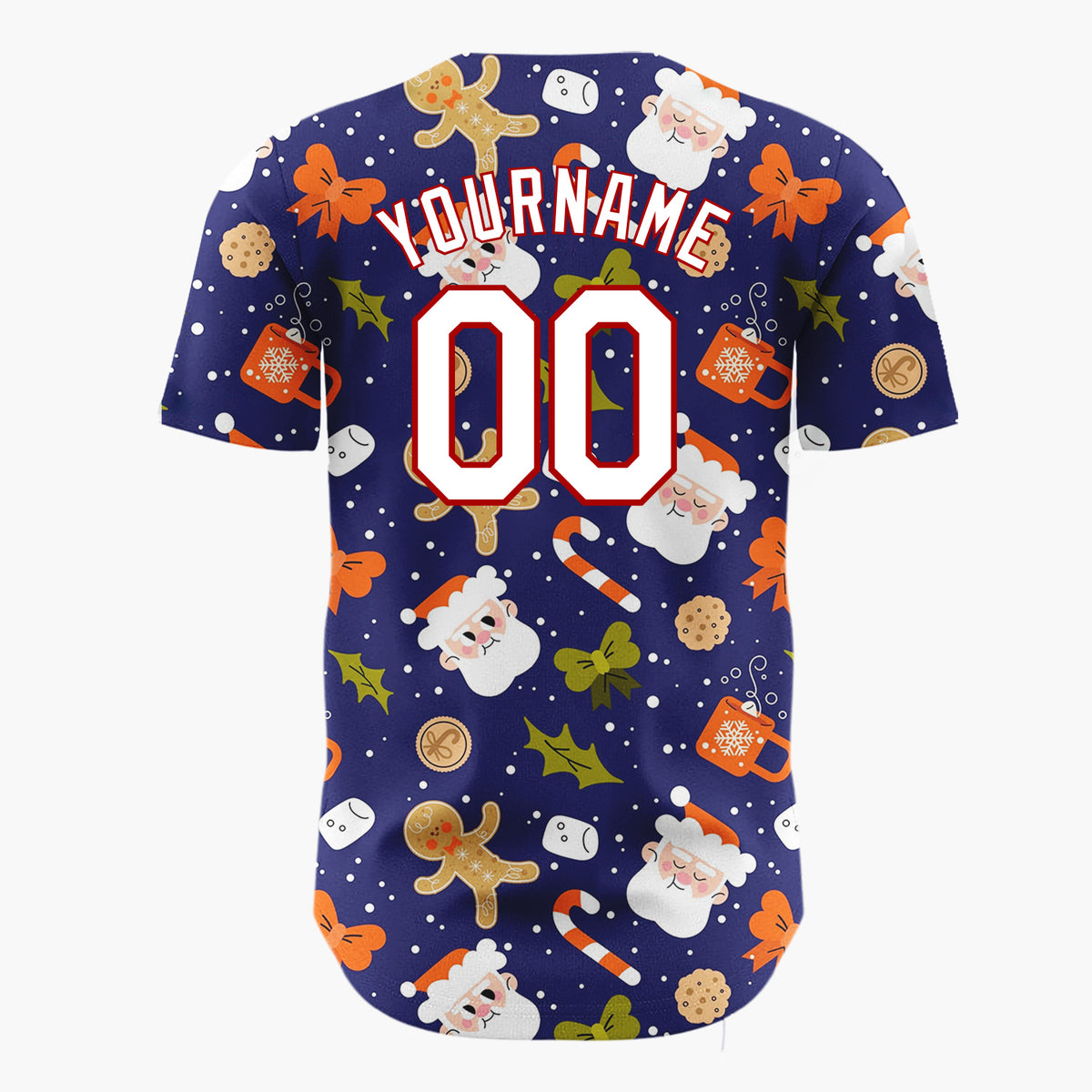 Custom Navy Red Brown Santa Gingerbread And Candy Canes Cute Christmas Baseball Jersey