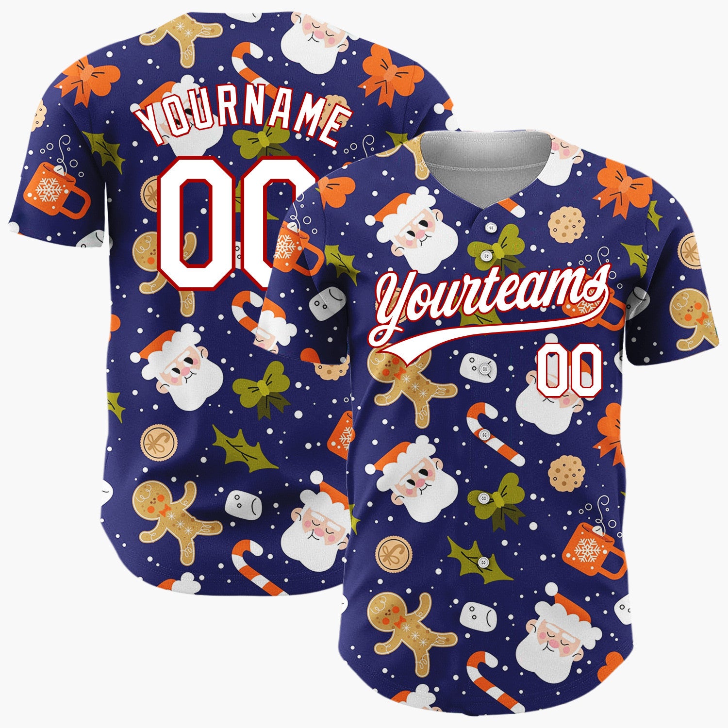 Custom Navy Red Brown Santa Gingerbread And Candy Canes Cute Christmas Baseball Jersey