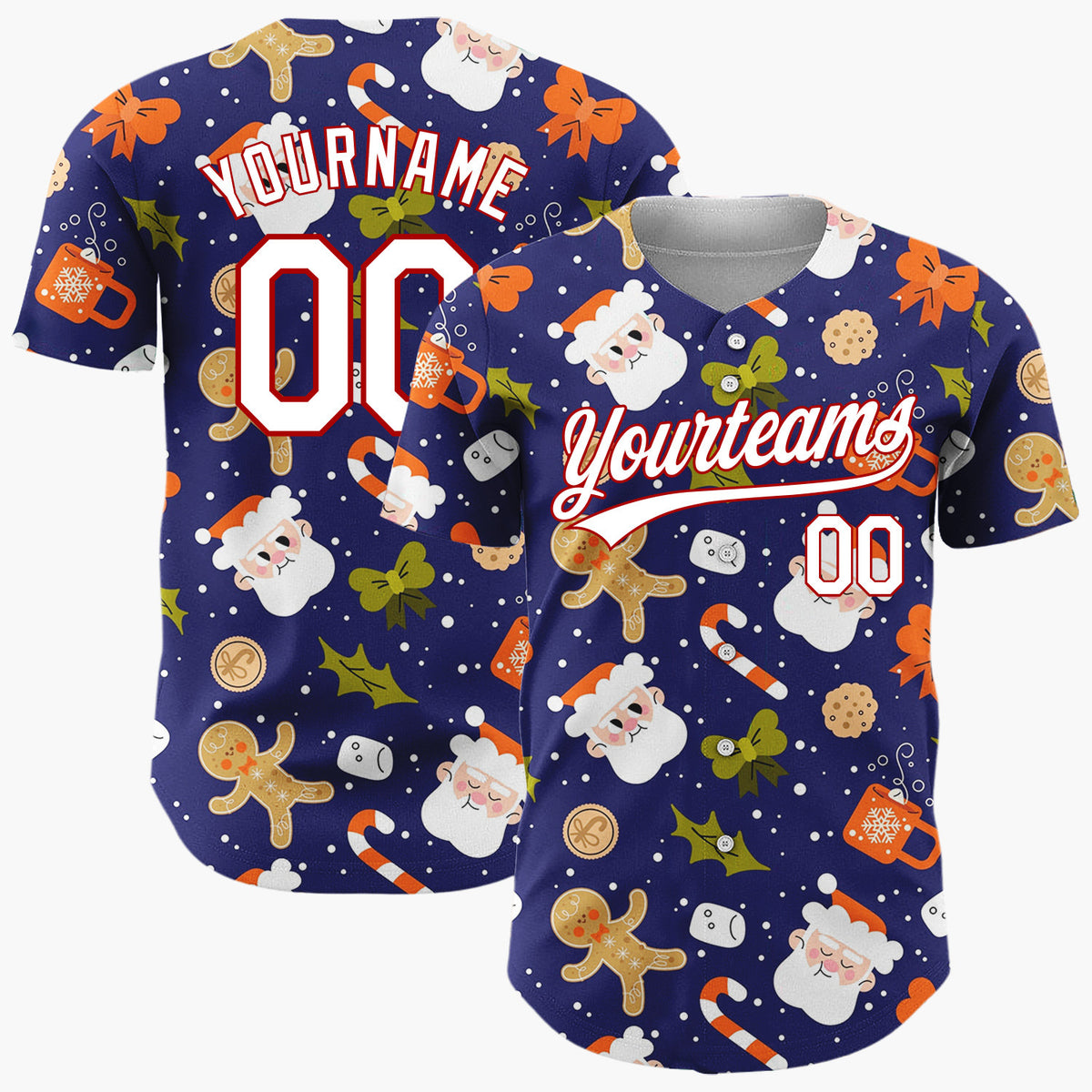 Custom Navy Red Brown Santa Gingerbread And Candy Canes Cute Christmas Baseball Jersey