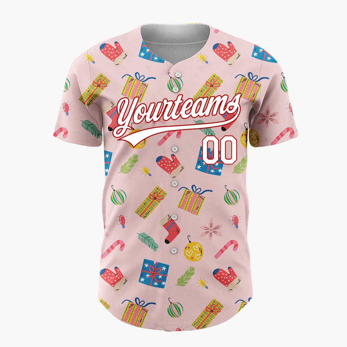 Custom Pink Blue Presents Ornaments And Mittens Christmas Doodle Pattern Christmas Baseball Jersey
