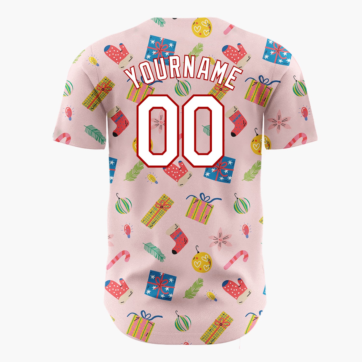 Custom Pink Blue Presents Ornaments And Mittens Christmas Doodle Pattern Christmas Baseball Jersey