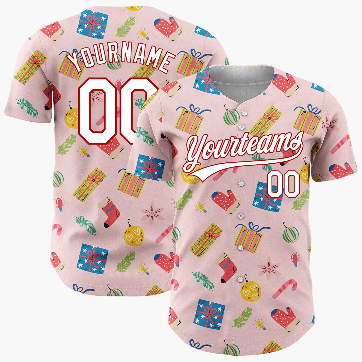 Custom Pink Blue Presents Ornaments And Mittens Christmas Doodle Pattern Christmas Baseball Jersey