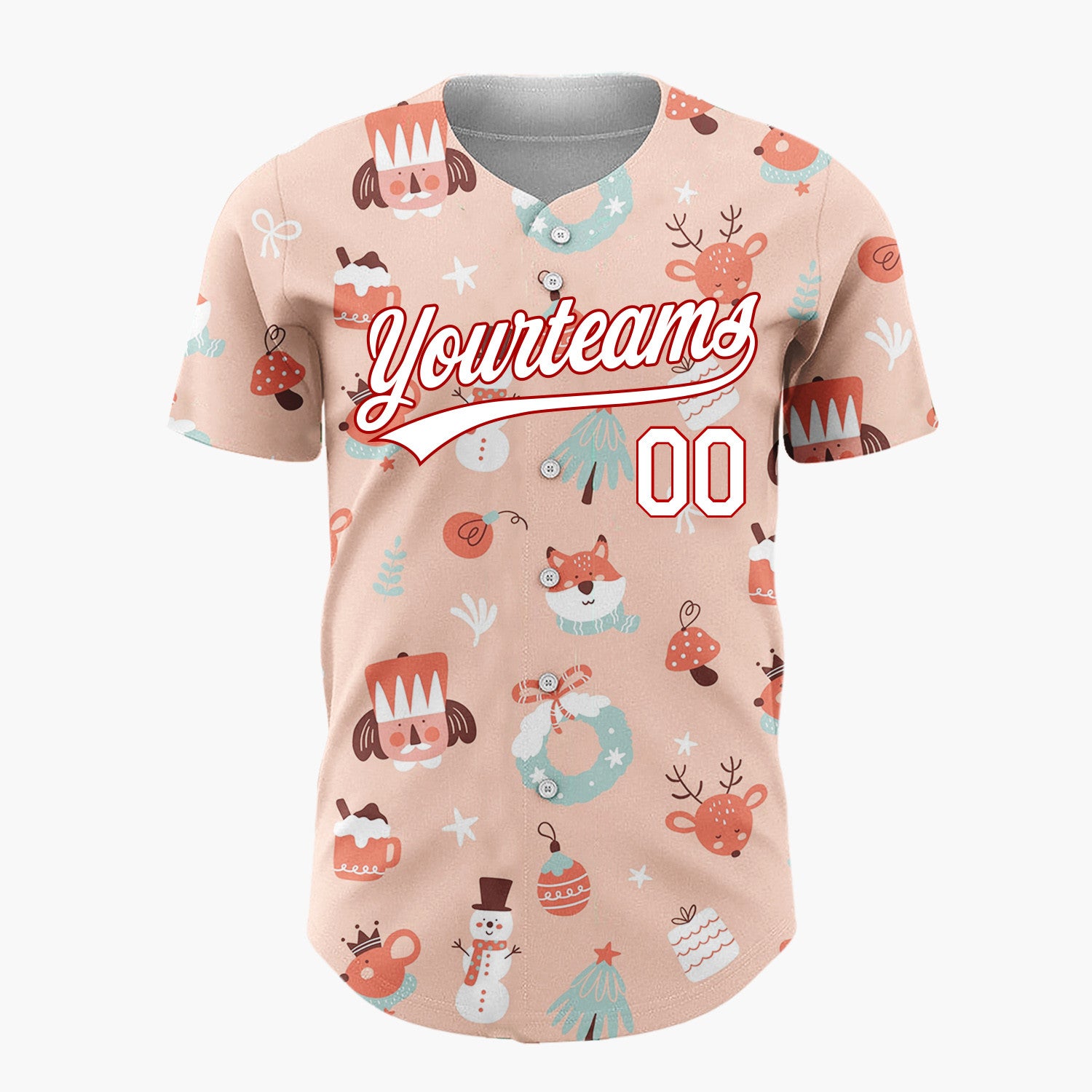 Custom Peach Red Nutcracker Reindeer Fox Cute Christmas Baseball Jersey