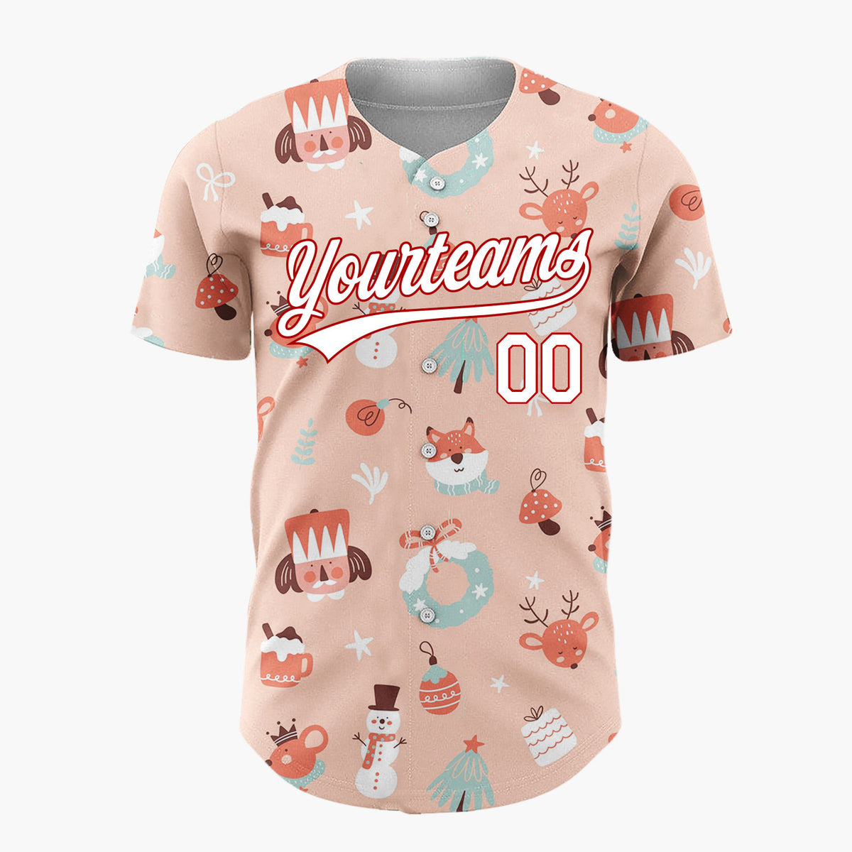 Custom Peach Red Nutcracker Reindeer Fox Cute Christmas Baseball Jersey