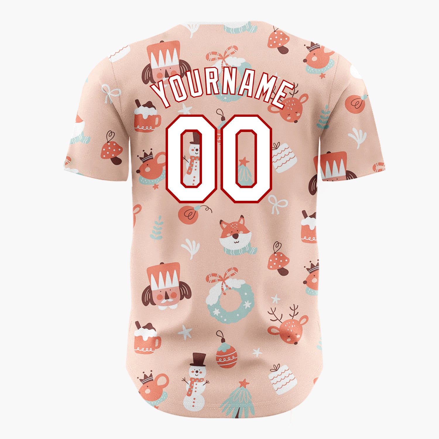 Custom Peach Red Nutcracker Reindeer Fox Cute Christmas Baseball Jersey