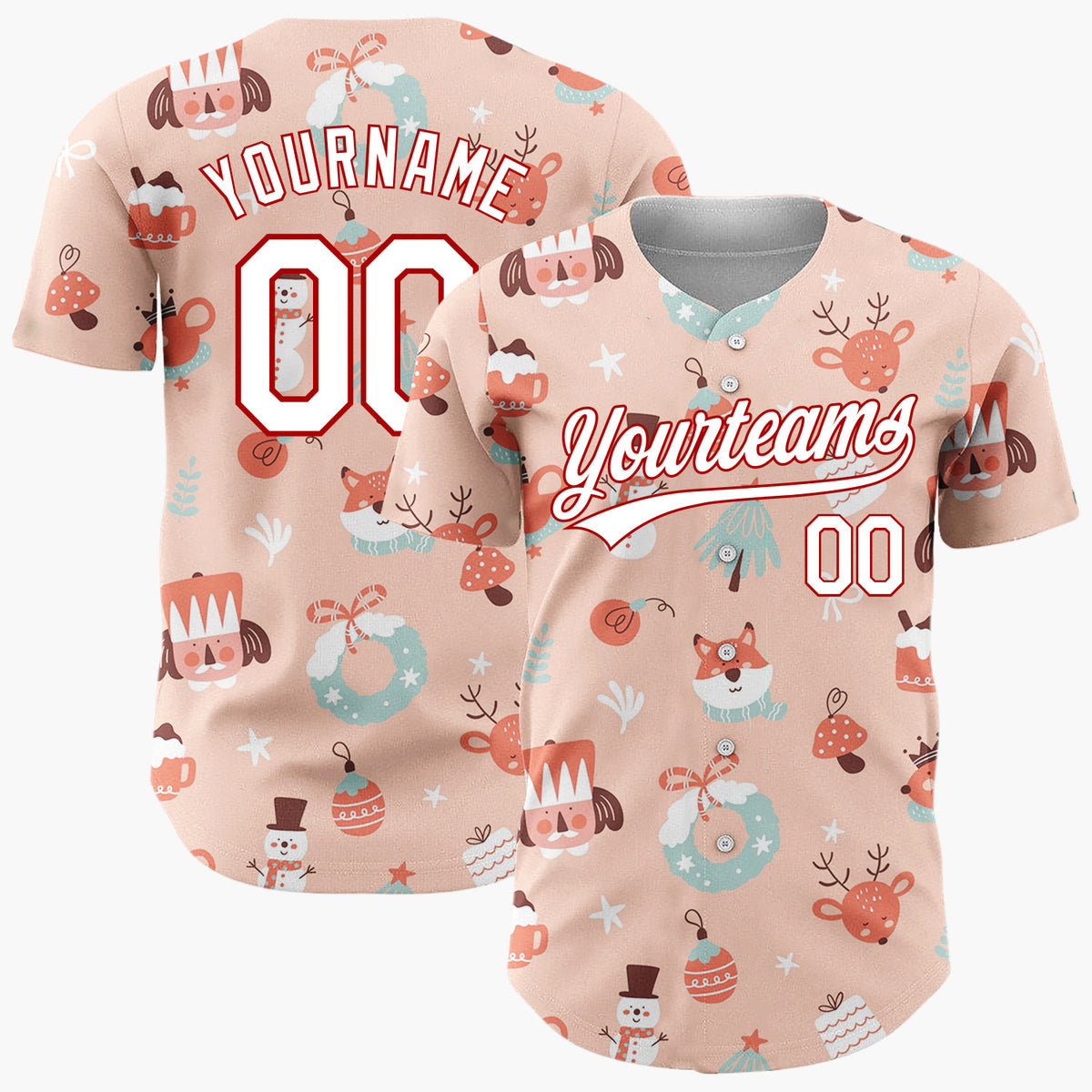 Custom Peach Red Nutcracker Reindeer Fox Cute Christmas Baseball Jersey