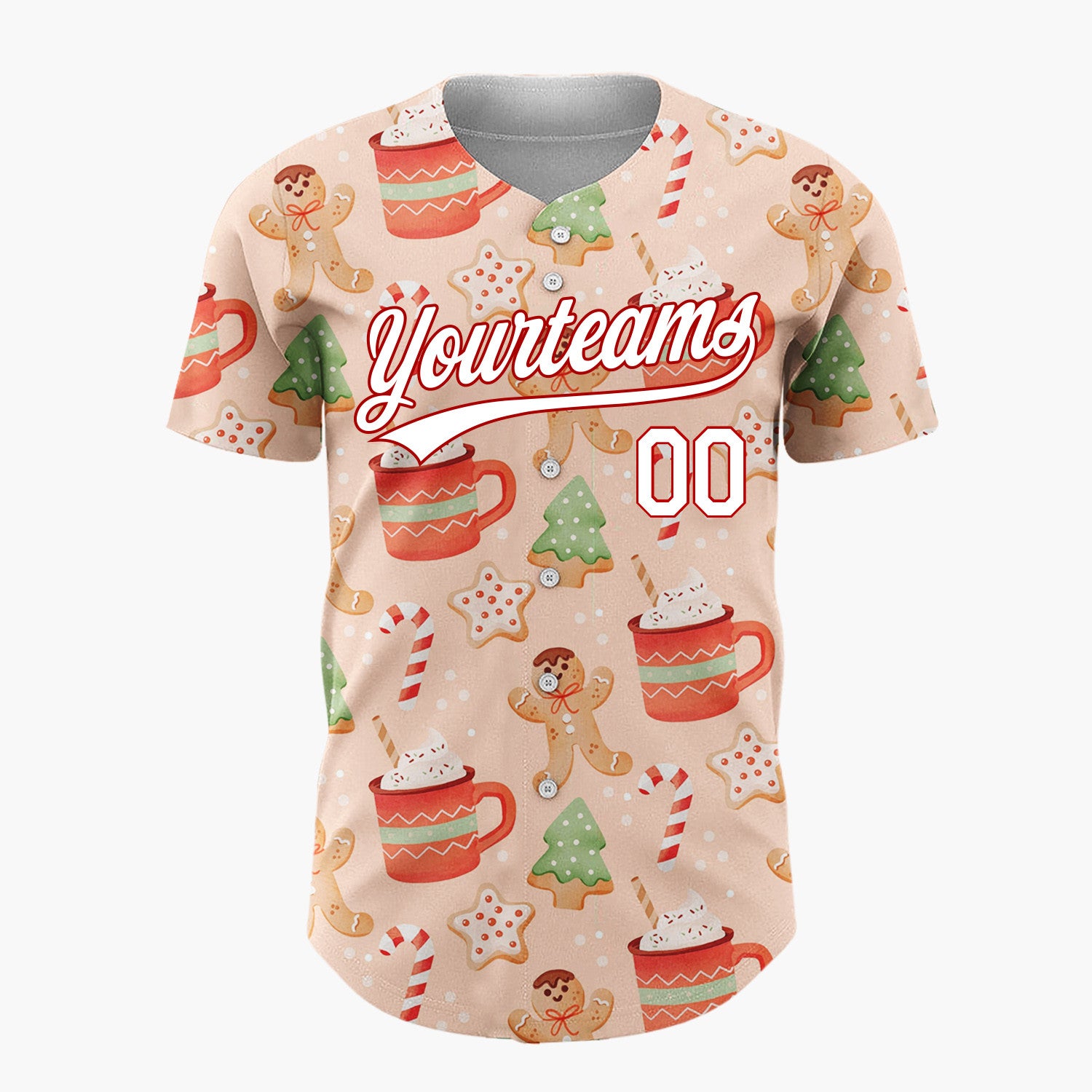 Custom Peach Brown Gingerbread Men Hot Cocoa And Candy Canes Cozy Christmas Baseball Jersey