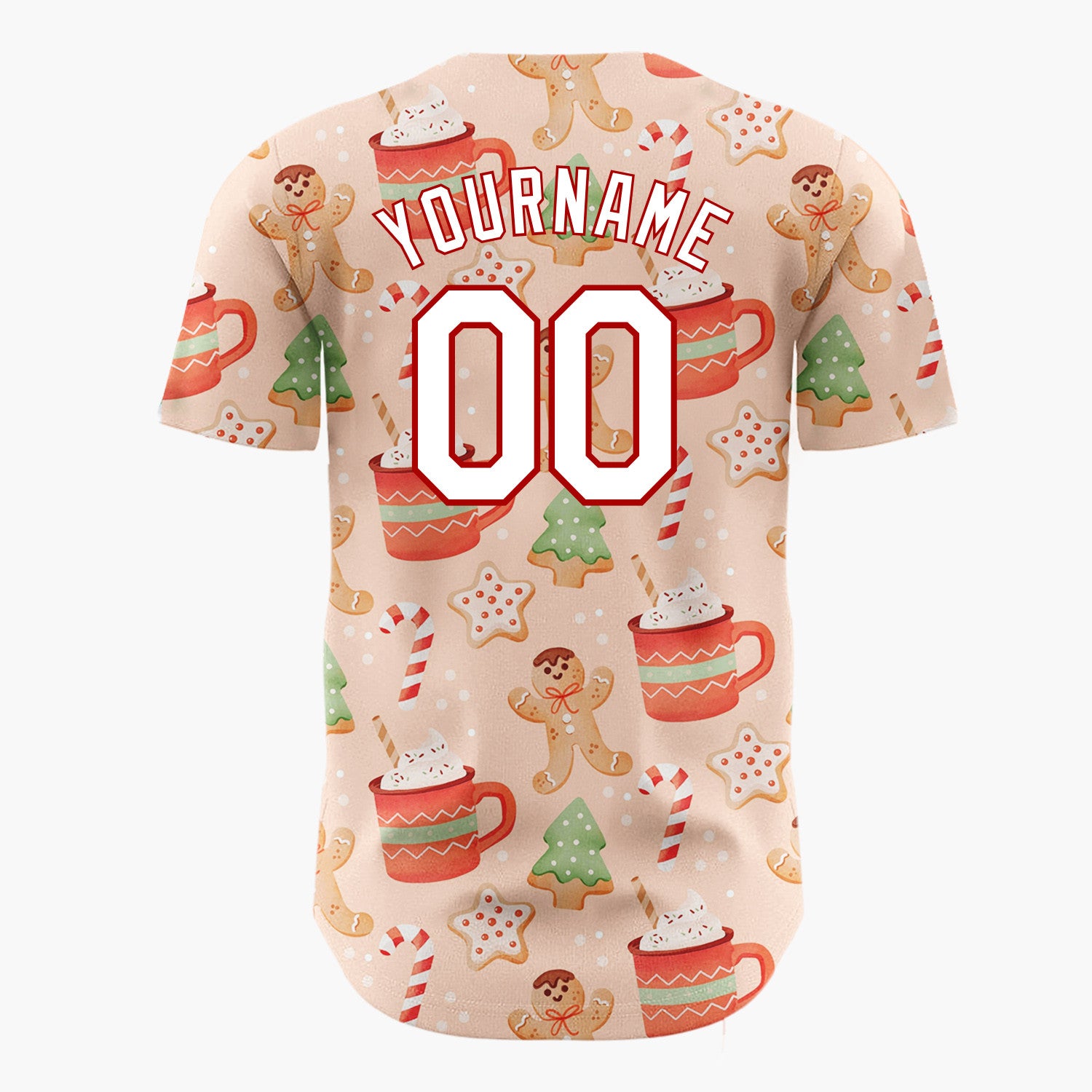 Custom Peach Brown Gingerbread Men Hot Cocoa And Candy Canes Cozy Christmas Baseball Jersey