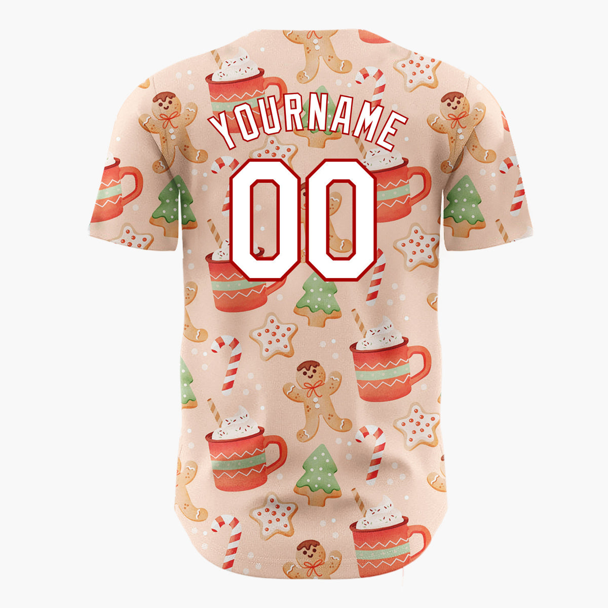 Custom Peach Brown Gingerbread Men Hot Cocoa And Candy Canes Cozy Christmas Baseball Jersey