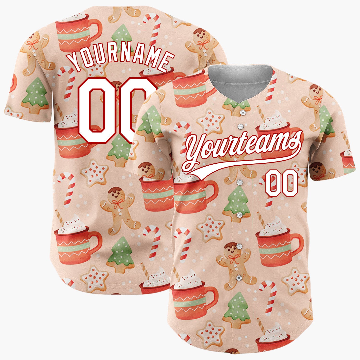 Custom Peach Brown Gingerbread Men Hot Cocoa And Candy Canes Cozy Christmas Baseball Jersey