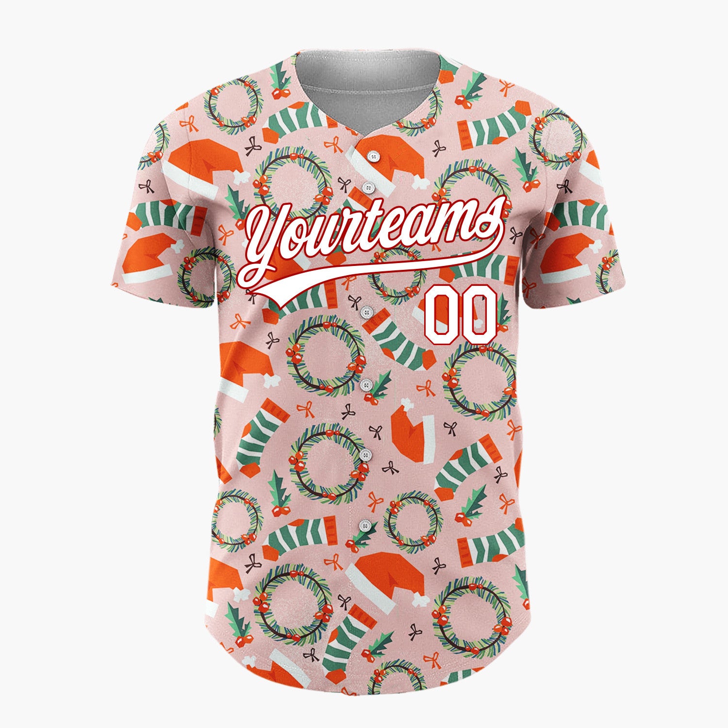Custom Pink Christmas Hats Wreaths And Stockings Playful Pattern Christmas Baseball Jersey