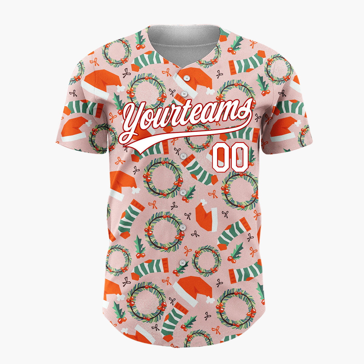 Custom Pink Christmas Hats Wreaths And Stockings Playful Pattern Christmas Baseball Jersey