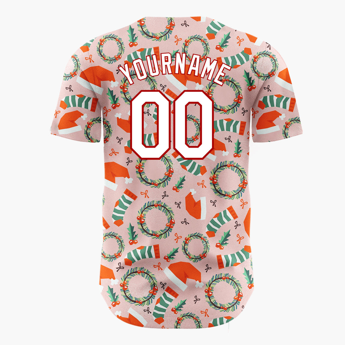 Custom Pink Christmas Hats Wreaths And Stockings Playful Pattern Christmas Baseball Jersey
