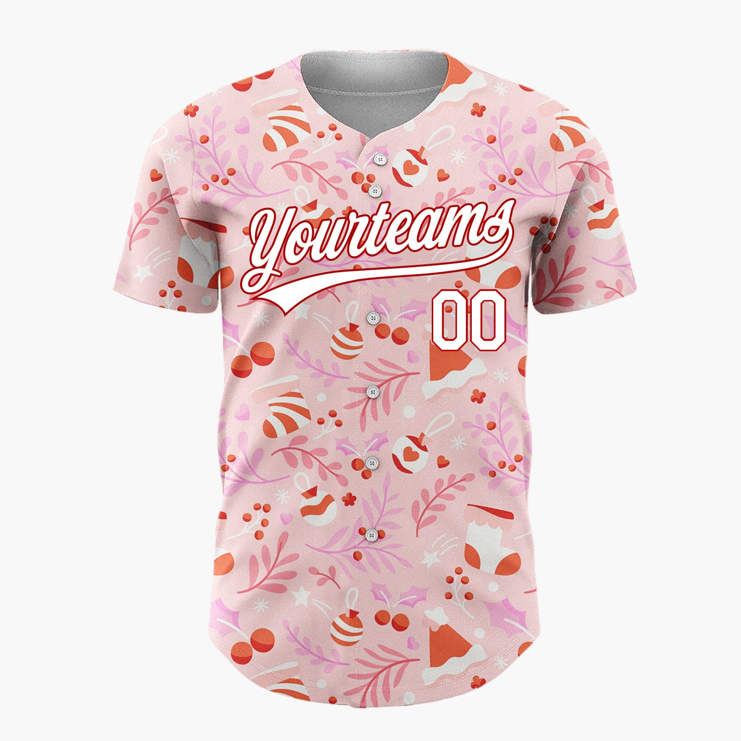 Custom Pink Red Ornaments Stockings And Berries Festive Pattern Christmas Baseball Jersey