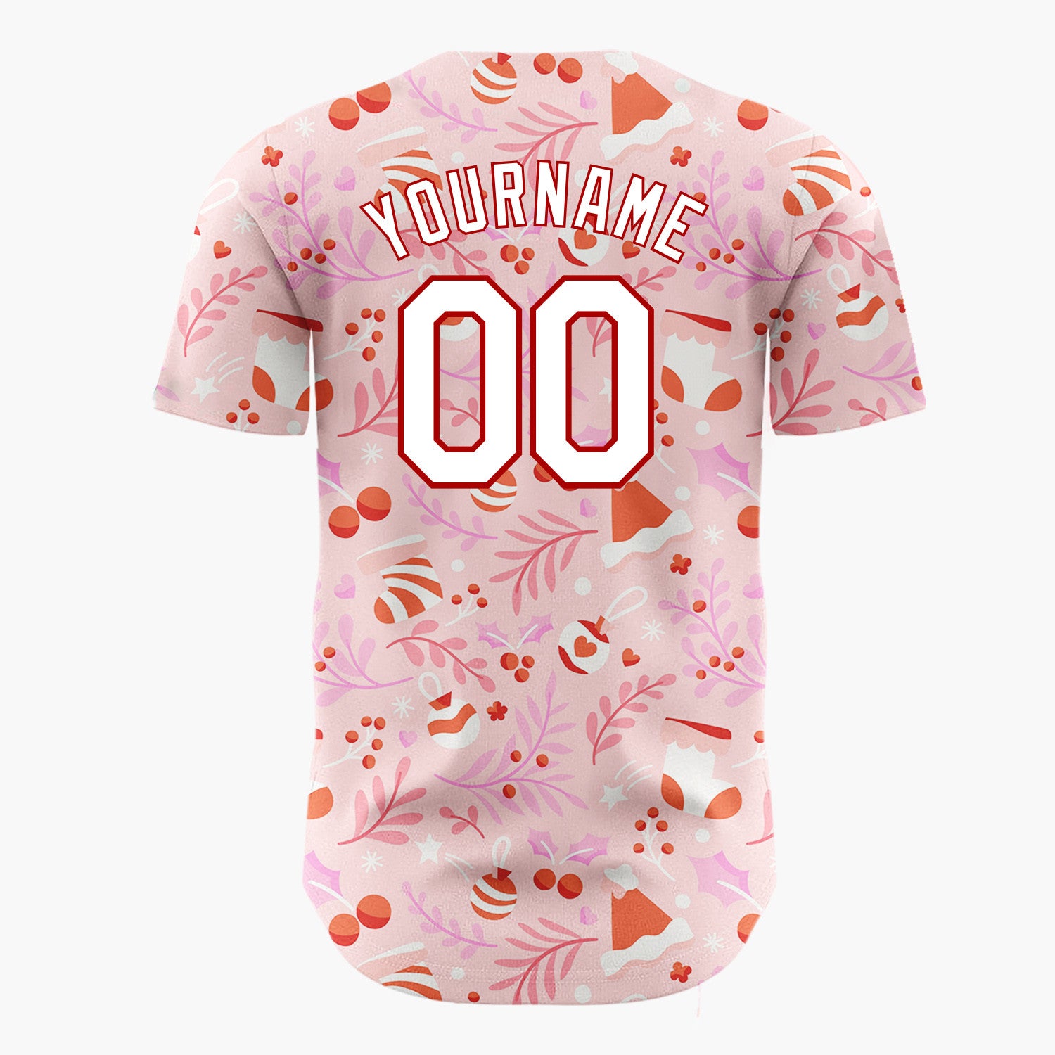 Custom Pink Red Ornaments Stockings And Berries Festive Pattern Christmas Baseball Jersey
