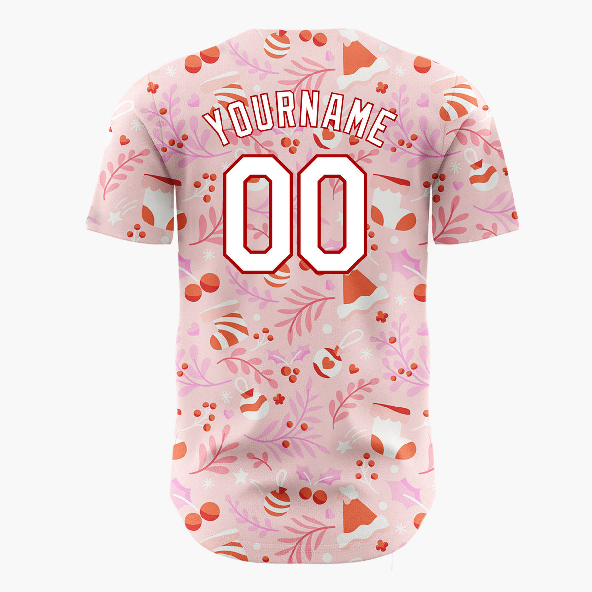 Custom Pink Red Ornaments Stockings And Berries Festive Pattern Christmas Baseball Jersey