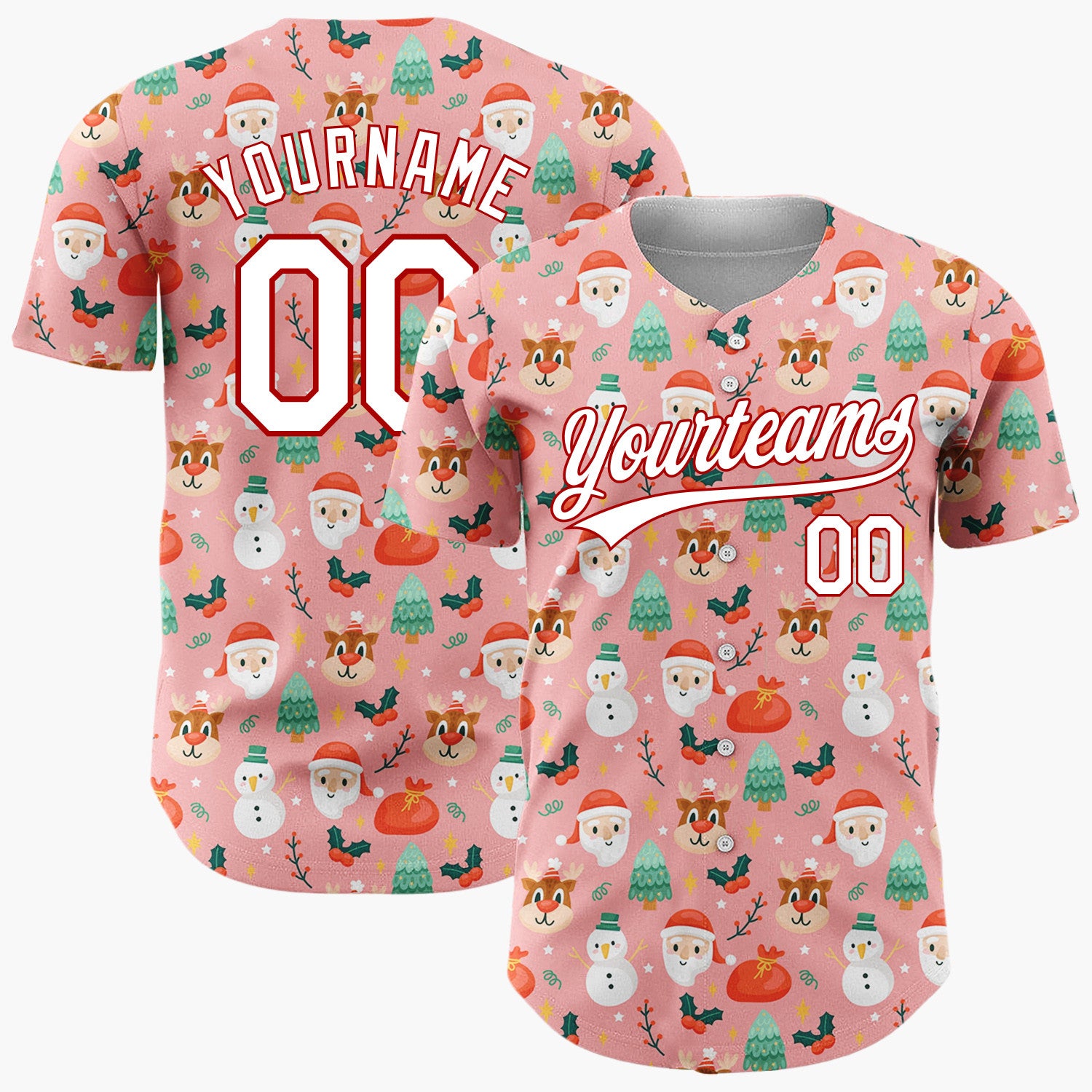 Custom Pink Santa Snowman Christmas Doodles Cartoon Pattern Christmas Baseball Jersey