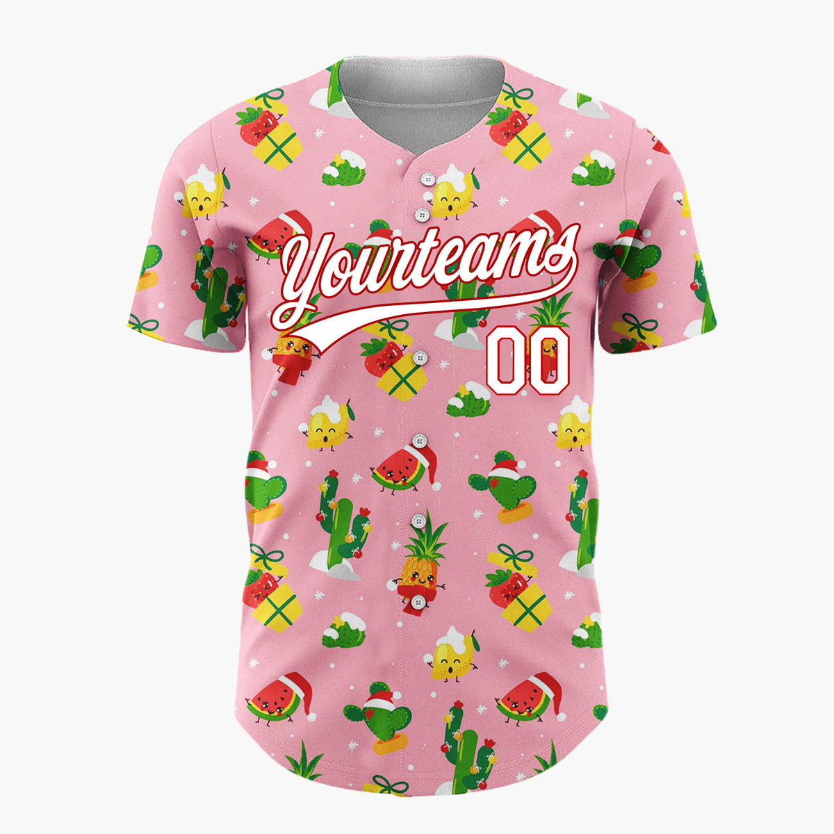 Custom Pink Green Fruits Cactus And Gifts Tropical Christmas Baseball Jersey