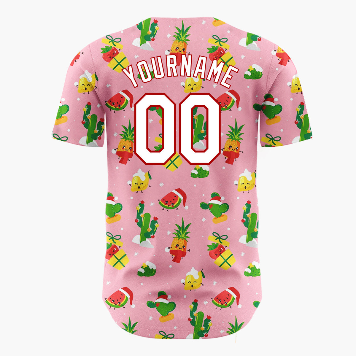 Custom Pink Green Fruits Cactus And Gifts Tropical Christmas Baseball Jersey