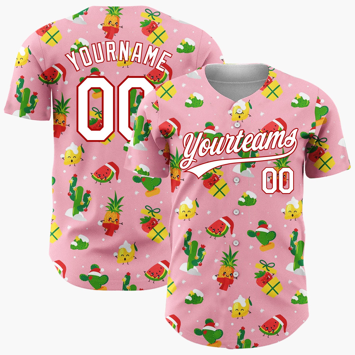 Custom Pink Green Fruits Cactus And Gifts Tropical Christmas Baseball Jersey