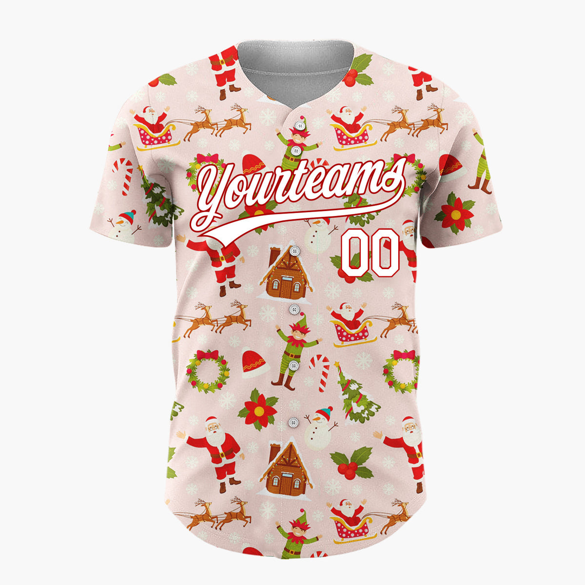 Custom Pink Red Santa Elf Village Christmas Baseball Jersey