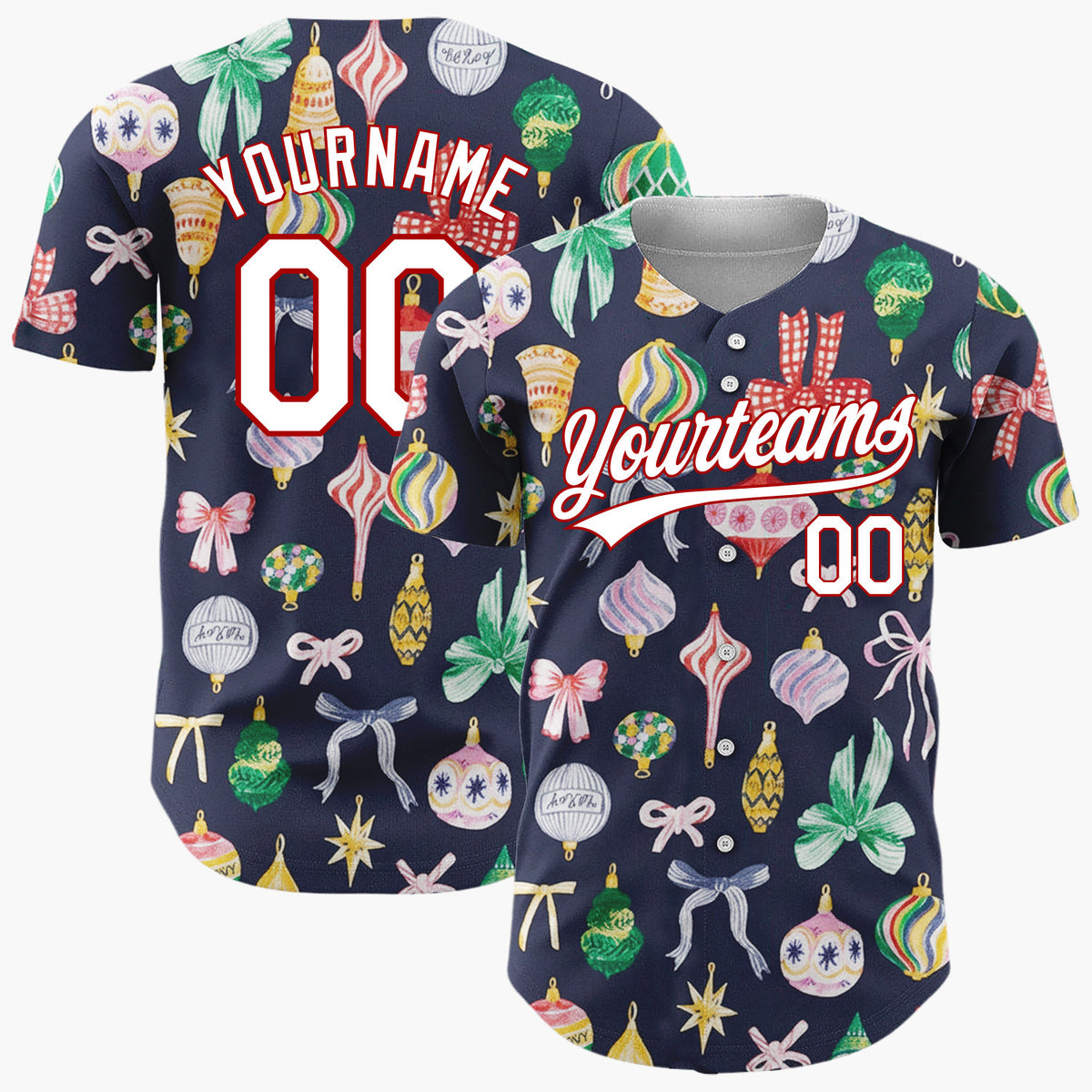 Custom Navy Yellow Ornaments And Bows Retro Christmas Baseball Jersey