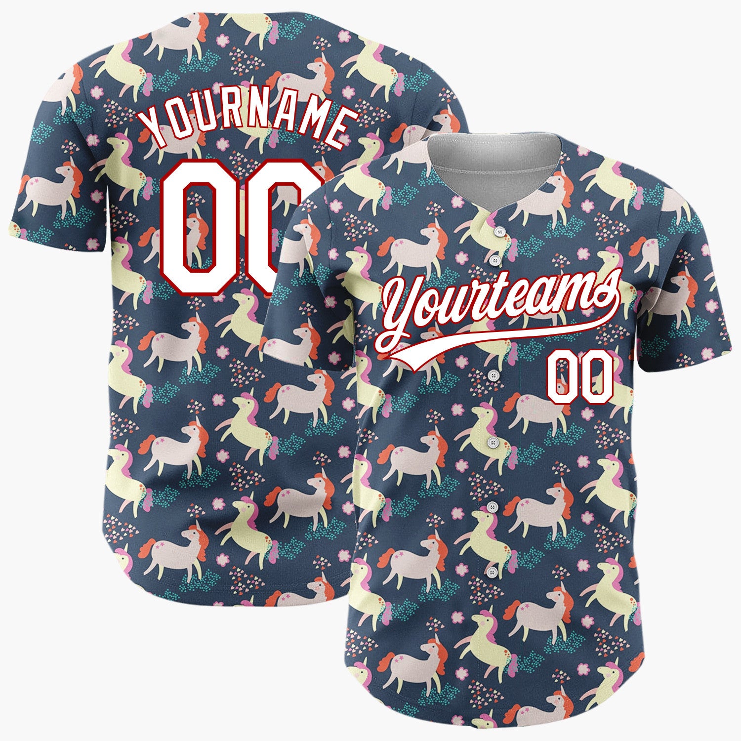 Custom Navy Yellow Unicorn Horses With Confetti Magical Party Pattern Christmas Baseball Jersey