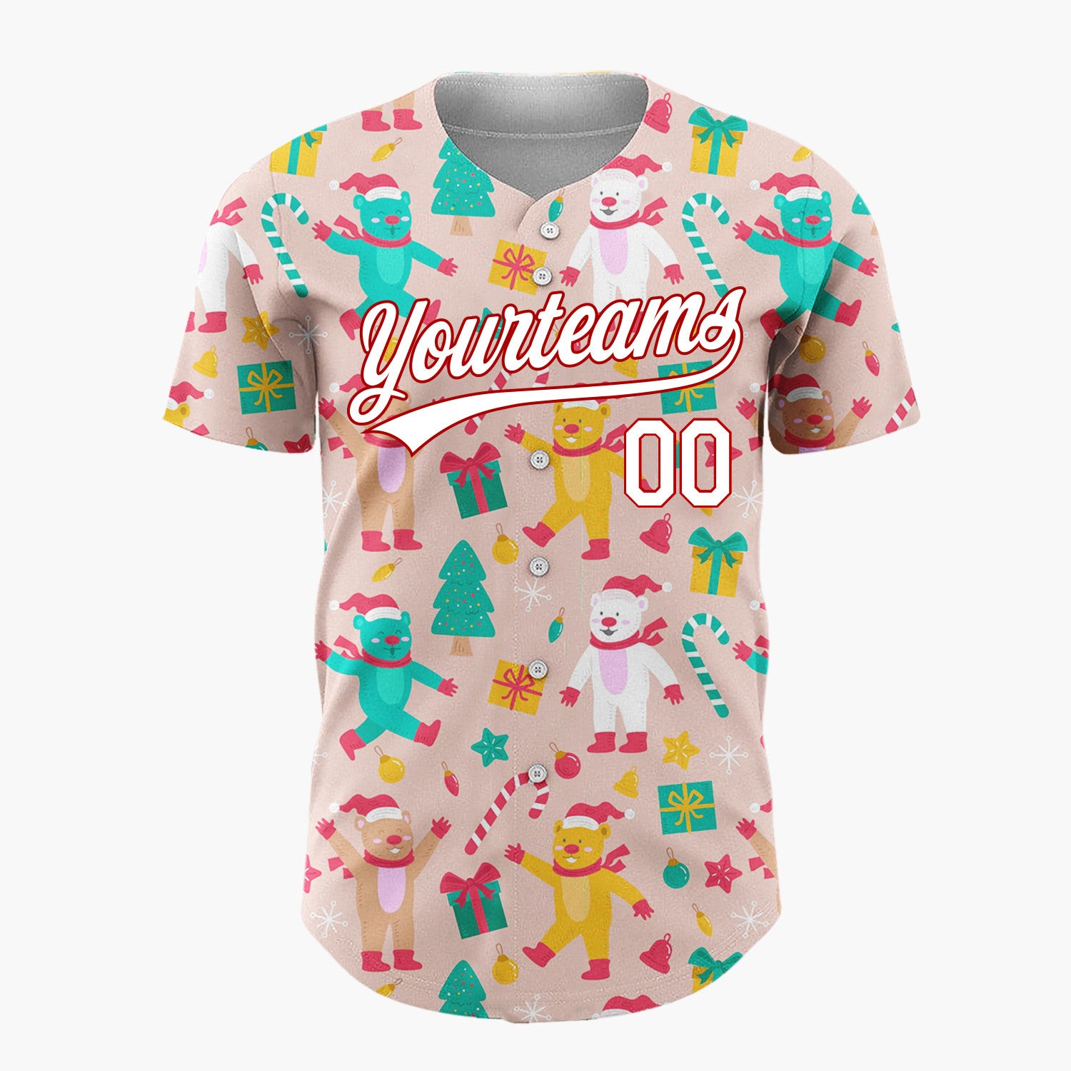 Custom Pink Red Teal Bears Trees And Gifts Cute Holiday Pattern Christmas Baseball Jersey