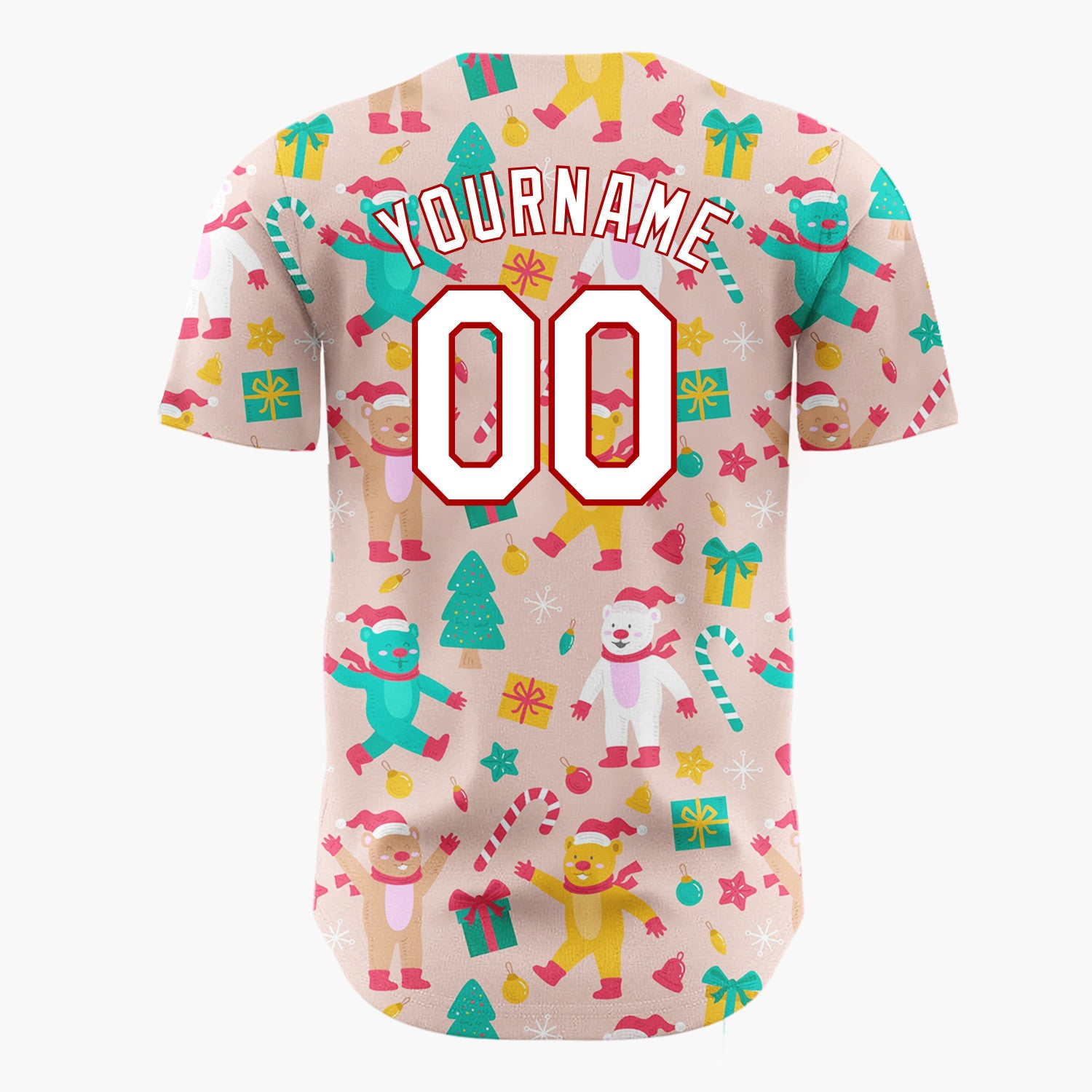 Custom Pink Red Teal Bears Trees And Gifts Cute Holiday Pattern Christmas Baseball Jersey