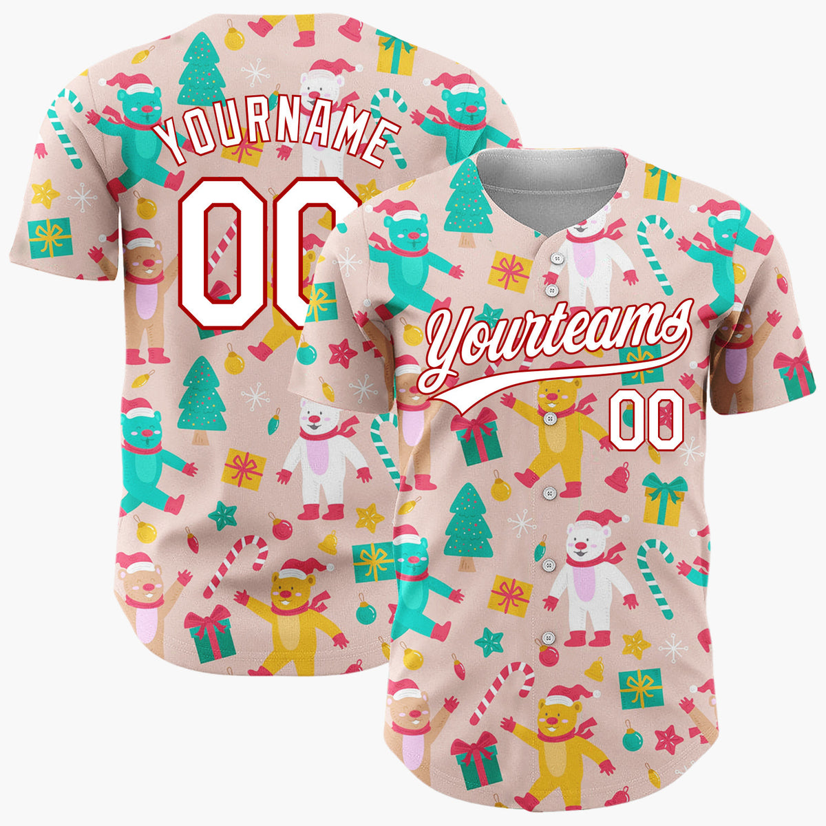Custom Pink Red Teal Bears Trees And Gifts Cute Holiday Pattern Christmas Baseball Jersey