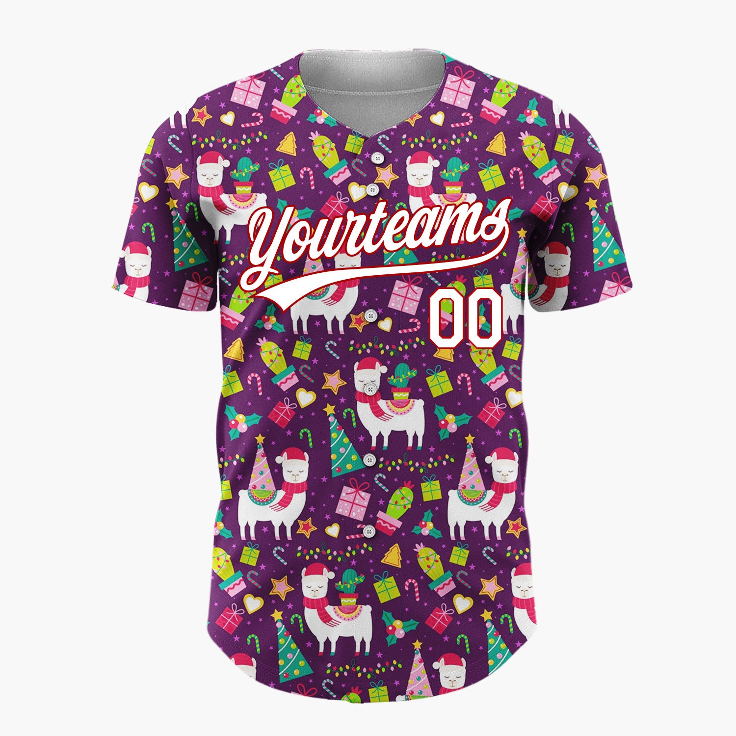 Custom Purple Multicolor Llama Cactus Tree Festive Pattern Christmas Baseball Jersey