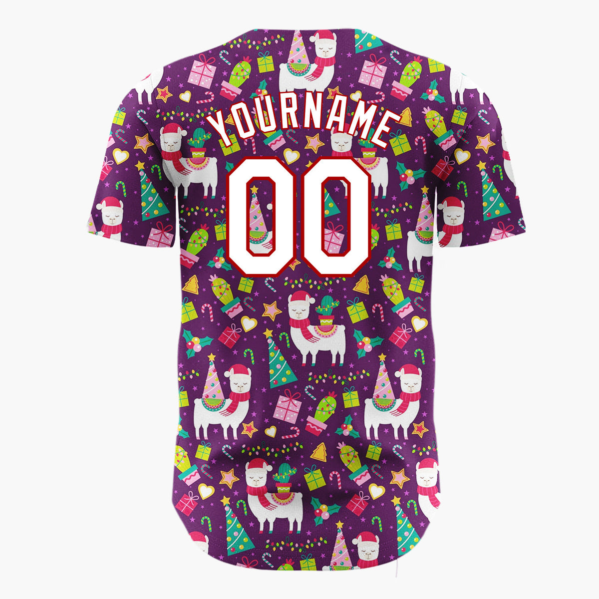 Custom Purple Multicolor Llama Cactus Tree Festive Pattern Christmas Baseball Jersey
