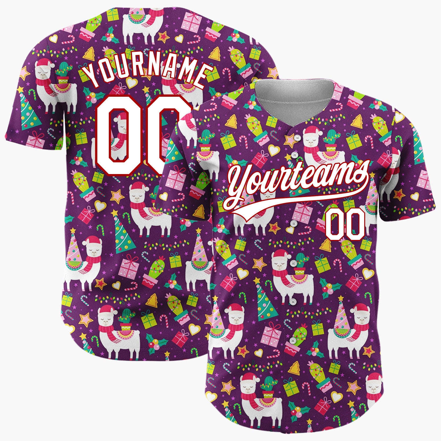Custom Purple Multicolor Llama Cactus Tree Festive Pattern Christmas Baseball Jersey
